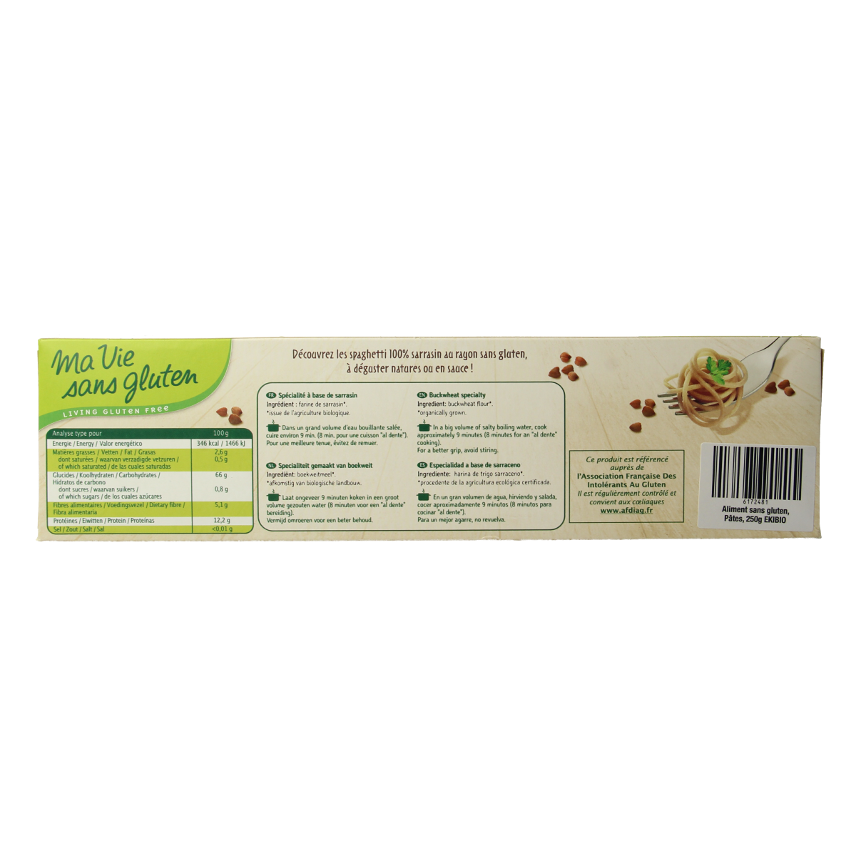 Organic Ma Vie Sans buckwheat spaghetti in a 400g package, showcasing the gluten-free pasta product.