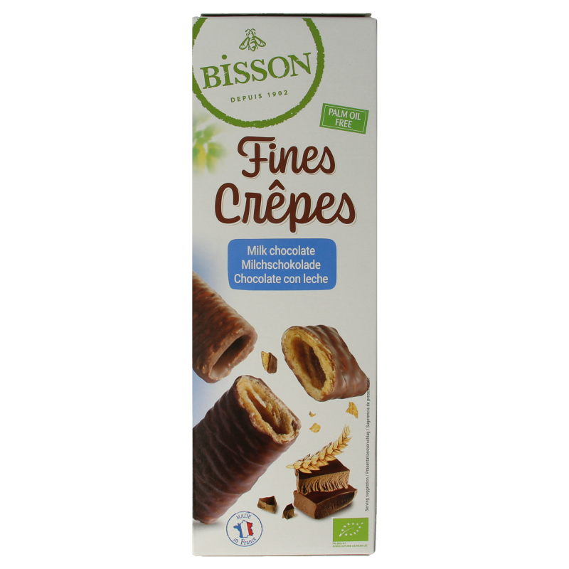 Bisson Krokante wafelrolletjes met melkchocolade bio, 90 gram, crispy chocolate-filled cookies with milk chocolate coating.