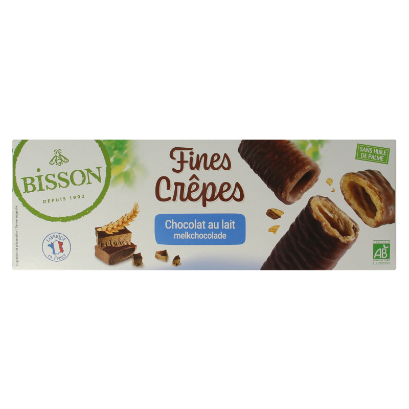 Bisson Biosoften krokante wafelrolletjes met melkchocolade, 90 gram koeken, crispy and creamy snack in a colorful package.
