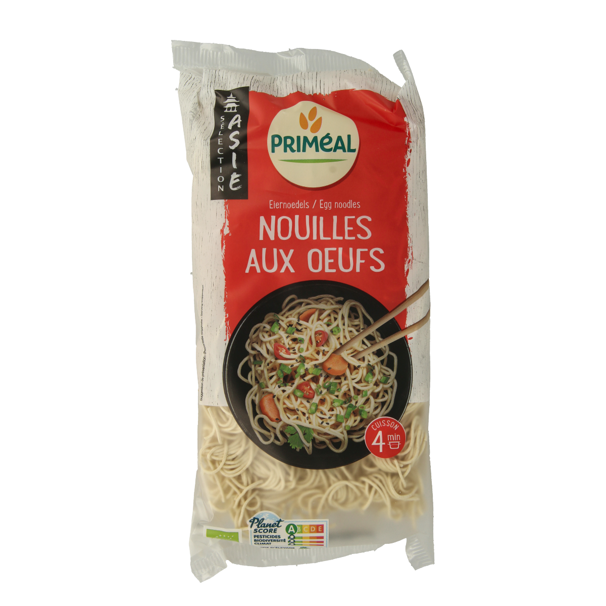 Primeal bio Eiernoedels pasta and rice, 250g, shown in a clear image with cooked and uncooked noodles.