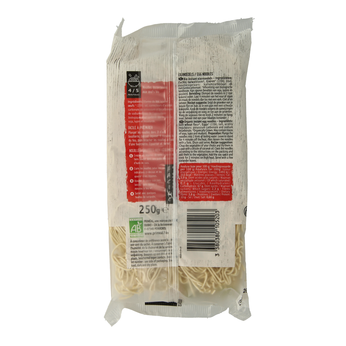 Primeal Eiernoedels bio pasta and rice product, 250g package, with a close-up of the pasta noodles on the packaging.