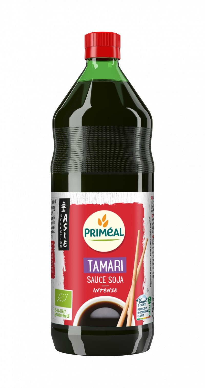Primeal organic tamari soy sauce bottle, 500ml, in a clear glass container with a black cap, labeled with product details.