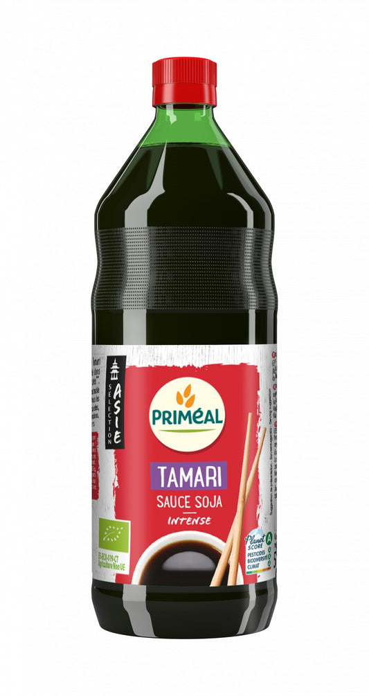 Primeal organic tamari soy sauce bottle, 500ml, in a clear glass container with a black cap, labeled with product details.