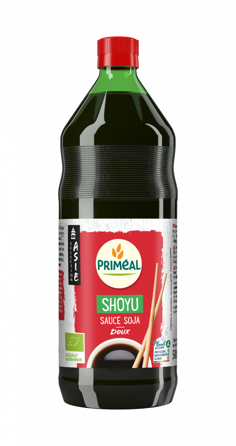 Primeal organic shoyu soy sauce in a 500ml bottle, a natural soy sauce for cooking and flavoring dishes.