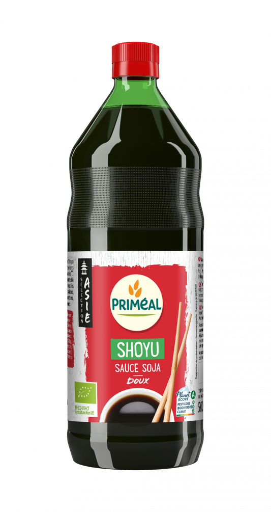 Primeal organic shoyu soy sauce in a 500ml bottle, a natural soy sauce for cooking and flavoring dishes.