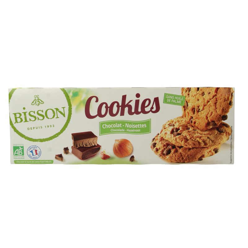 Bisson Choco hazelnoot bio koeken cookies in 175g package, featuring chocolate and hazelnut flavor with a crispy texture