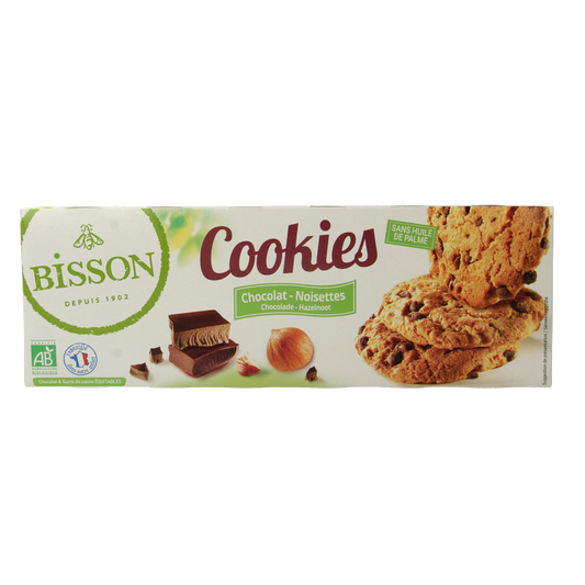 Bisson Choco hazelnoot bio koeken cookies in 175g package, featuring chocolate and hazelnut flavor with a crispy texture