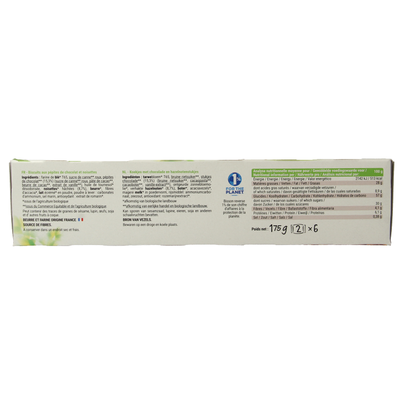 Bisson Choco hazelnoot bio cookies, 175g, featuring chocolate and hazelnuts in a package of crunchy koeken cookies.