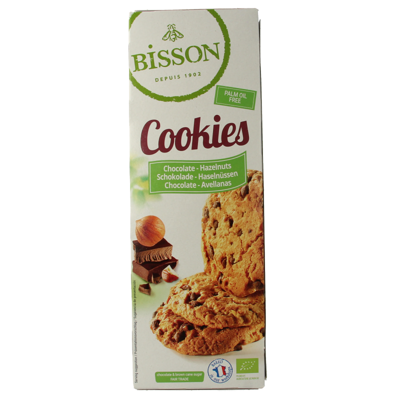 Bisson Choco hazelnoot bio cookies, 175g, showing a package of crunchy hazelnut and chocolate-flavored cookies.
