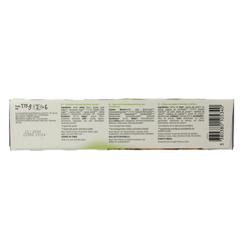 Bisson Choco hazelnoot bio cookies, 175g, showing golden-brown koeken with chocolate and hazelnut filling on a plate.
