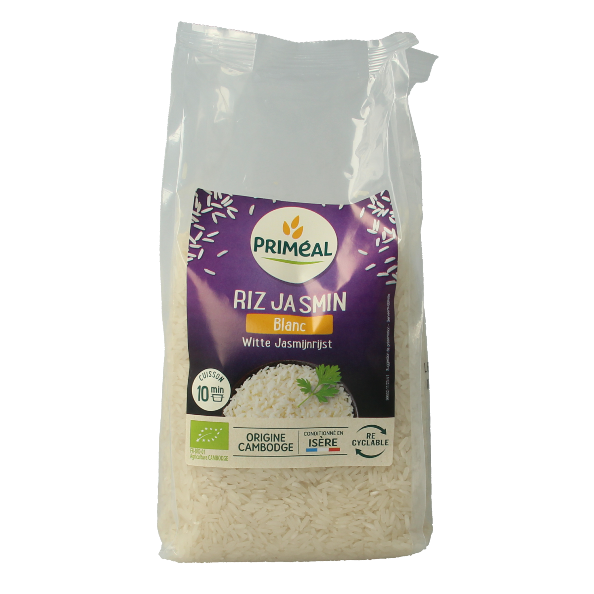 Primeal bio witte jasmijnrijst, 1 kg, in a clear bag, showing the long, slender rice grains on a white background.