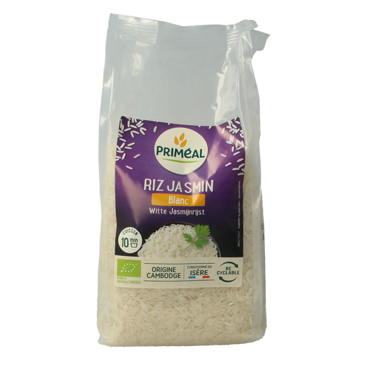 Primeal bio witte jasmijnrijst, 1 kg, in a clear bag, showing the long, slender rice grains on a white background.