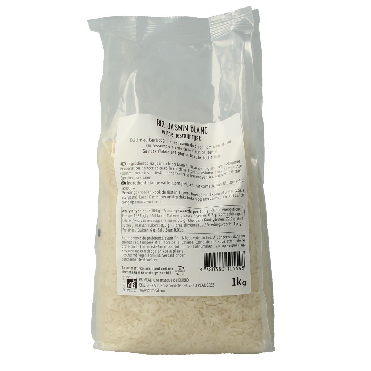 Primeal bio witte jasmijnrijst in 1 kg verpakking, shown in a clear image, ideal for pasta en rijst dishes.