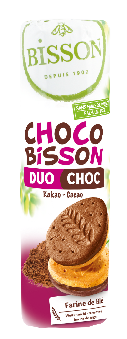 Bisson Choco Bisson Duo Choco bio cookies, 300 grams, with chocolate filling and crispy exterior, in a packaged box.