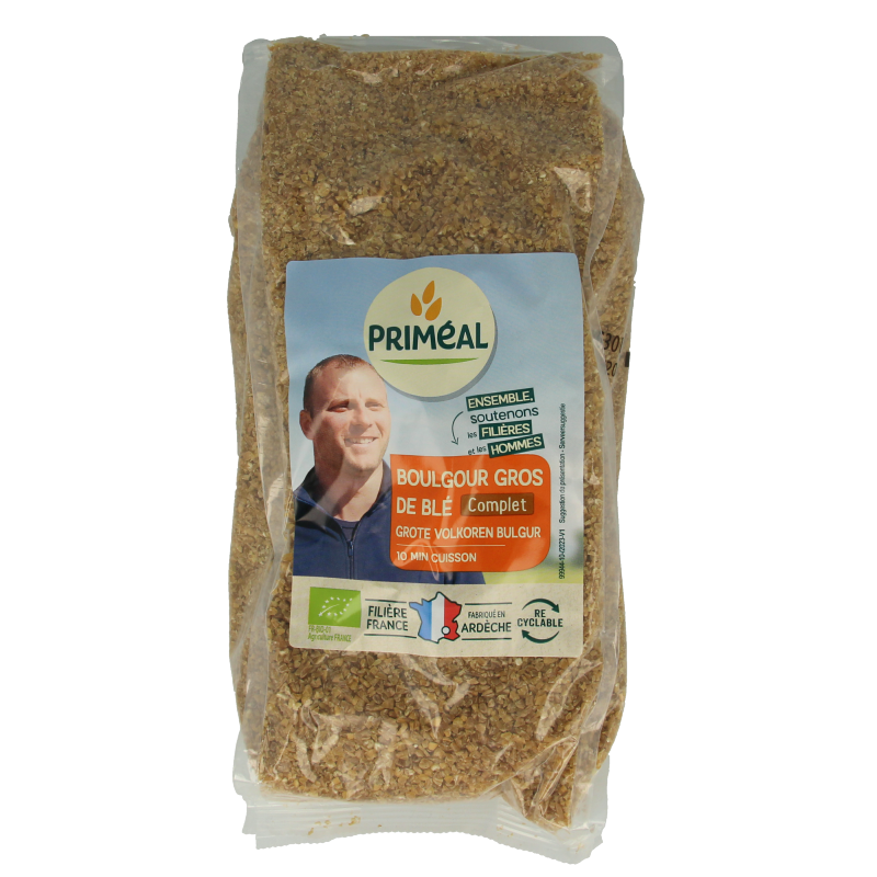 Primeal organic whole wheat bulgur in 1kg package, a nutritious pasta and rice alternative for healthy meals.