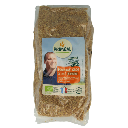 Primeal organic whole wheat bulgur in 1kg package, a nutritious pasta and rice alternative for healthy meals.