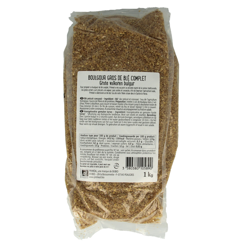 Primeal organic whole wheat bulgur in 1kg package, healthy pasta and rice alternative with natural grains.
