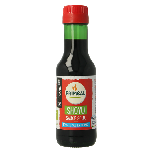 Primeal bio soy sauce with 30% less salt, 125ml bottle, savory sauce and flavor enhancer for cooking and seasoning.