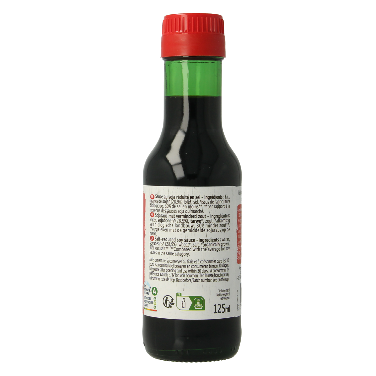 Primeal bio soy sauce with 30% less salt, 125ml bottle, showcasing the dark soy sauce in a glass bottle.