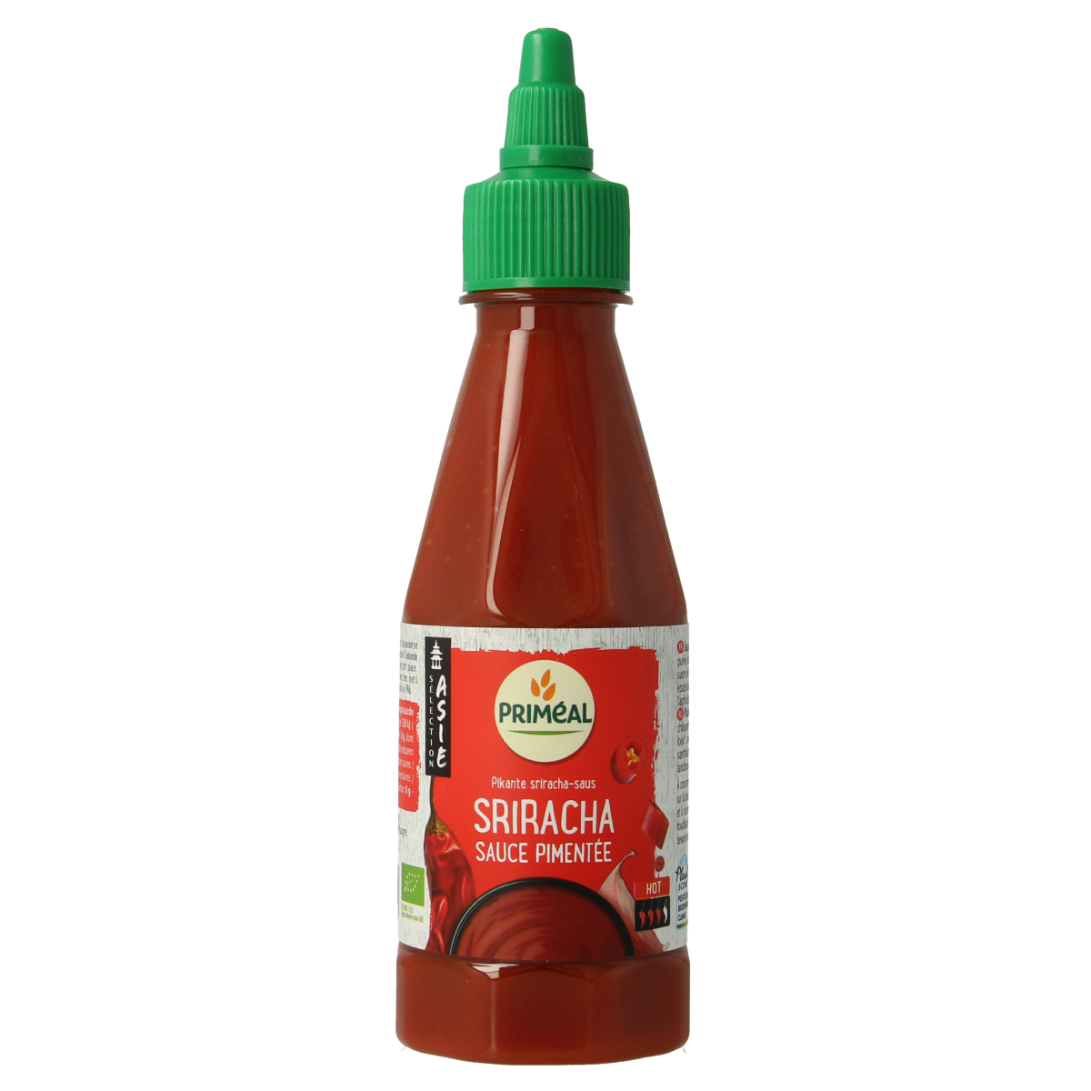Primeal Chilisaus sriracha pittig bio in 250g bottle, spicy organic sauce from Primeal, ideal for adding heat and flavor to dishes.