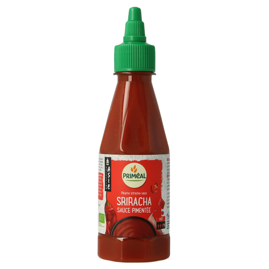 Primeal Chilisaus sriracha pittig bio in 250g bottle, spicy organic sauce from Primeal, ideal for adding heat and flavor to dishes.