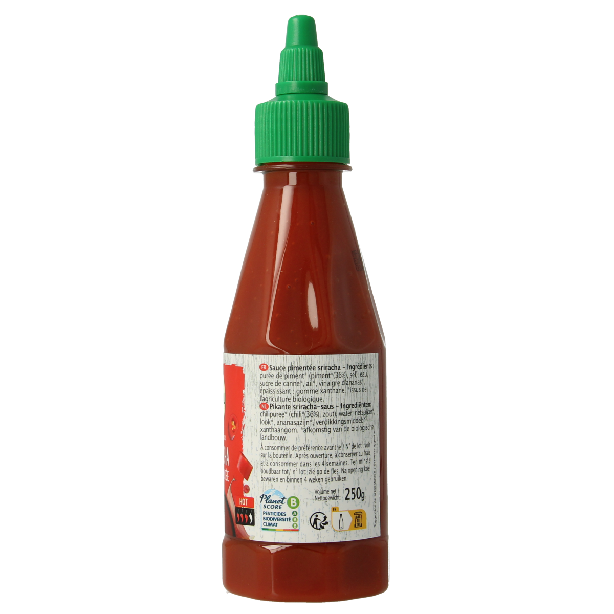 Primeal organic sriracha chili sauce in a 250g bottle, spicy sauce perfect for enhancing dishes and adding heat.