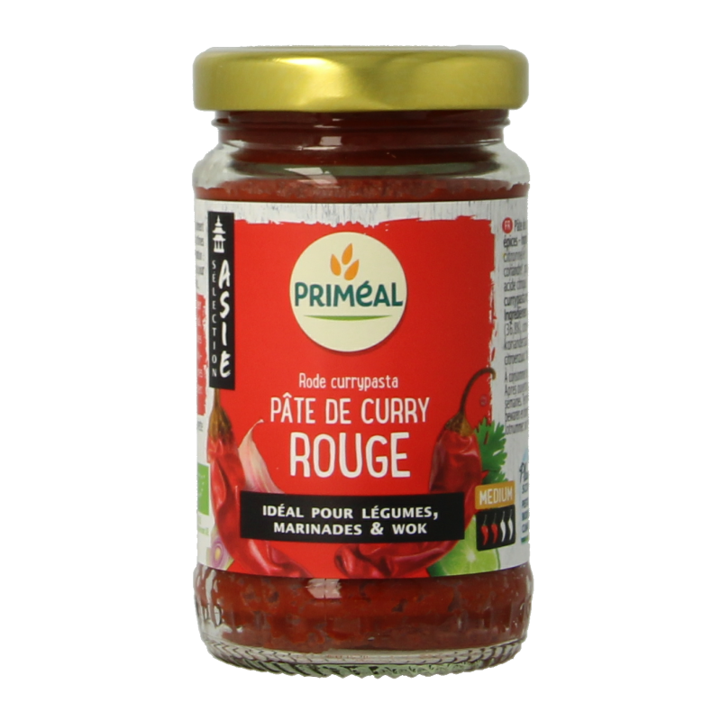 Primeal Rode curry pasta rice, 120g, organic gluten-free pasta with vibrant curry flavor, in a clear package.