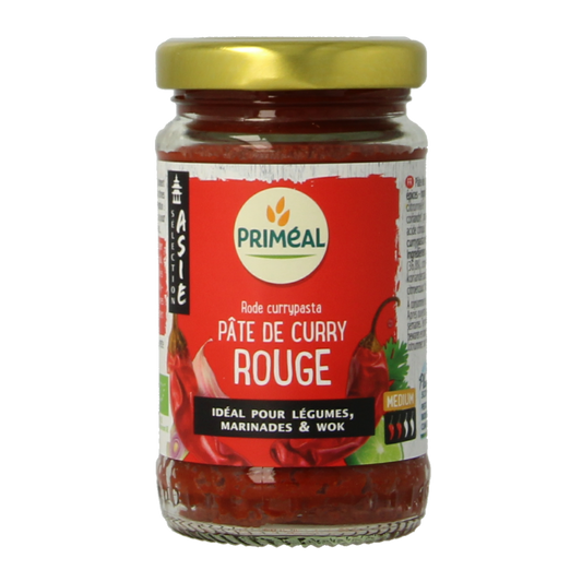 Primeal Rode curry pasta rice, 120g, organic gluten-free pasta with vibrant curry flavor, in a clear package.