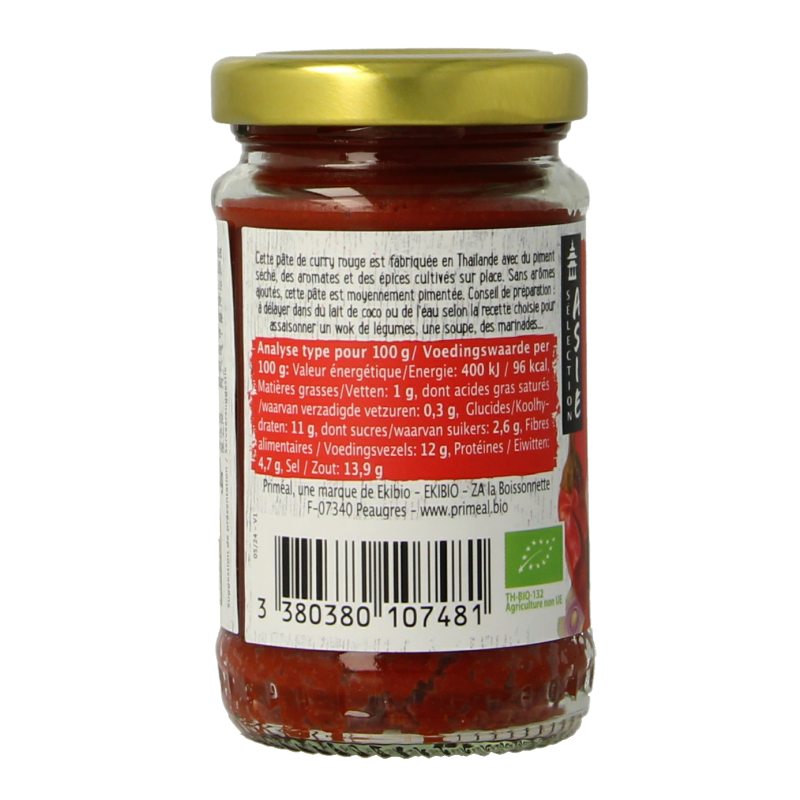Primeal Rode Curry Pasta en Rijst, 120g, showing uncooked rice pasta with vibrant red curry seasoning on the package.