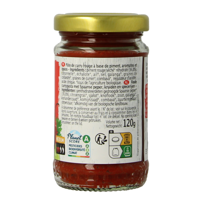 Primeal Rode curry pasta en rijst, 120g, featuring a package of organic rice pasta with curry flavor from Primeal.
