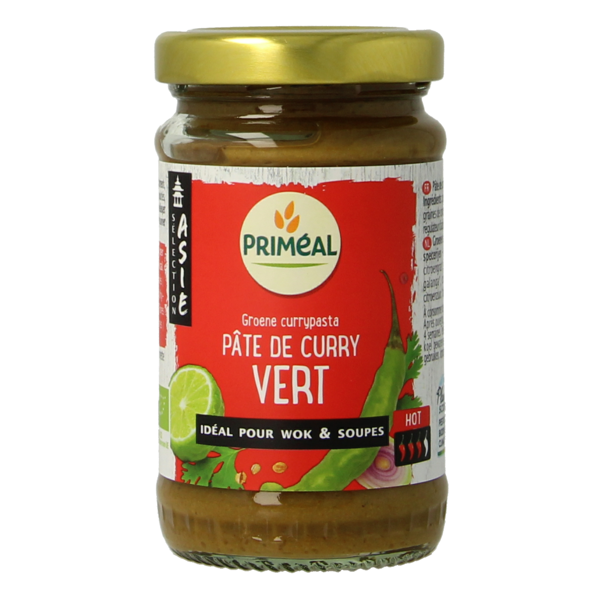 Primeal green curry pasta bio in 120g package, showcasing fresh green pasta with vibrant color and packaging design.