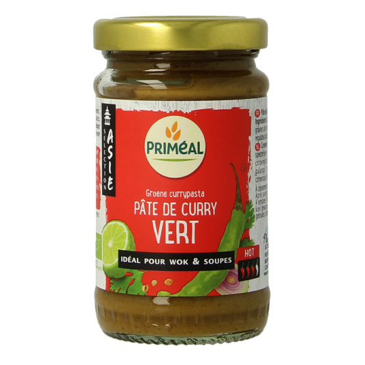 Primeal green curry pasta bio in 120g package, showcasing fresh green pasta with vibrant color and packaging design.