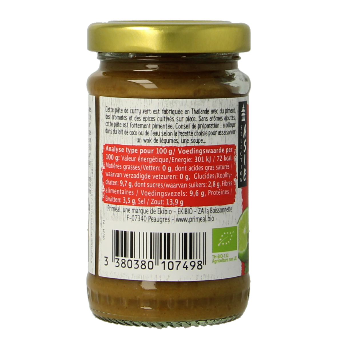 Primeal groene curry pasta bio, 120g, showing fresh green pasta strands in a clear package.