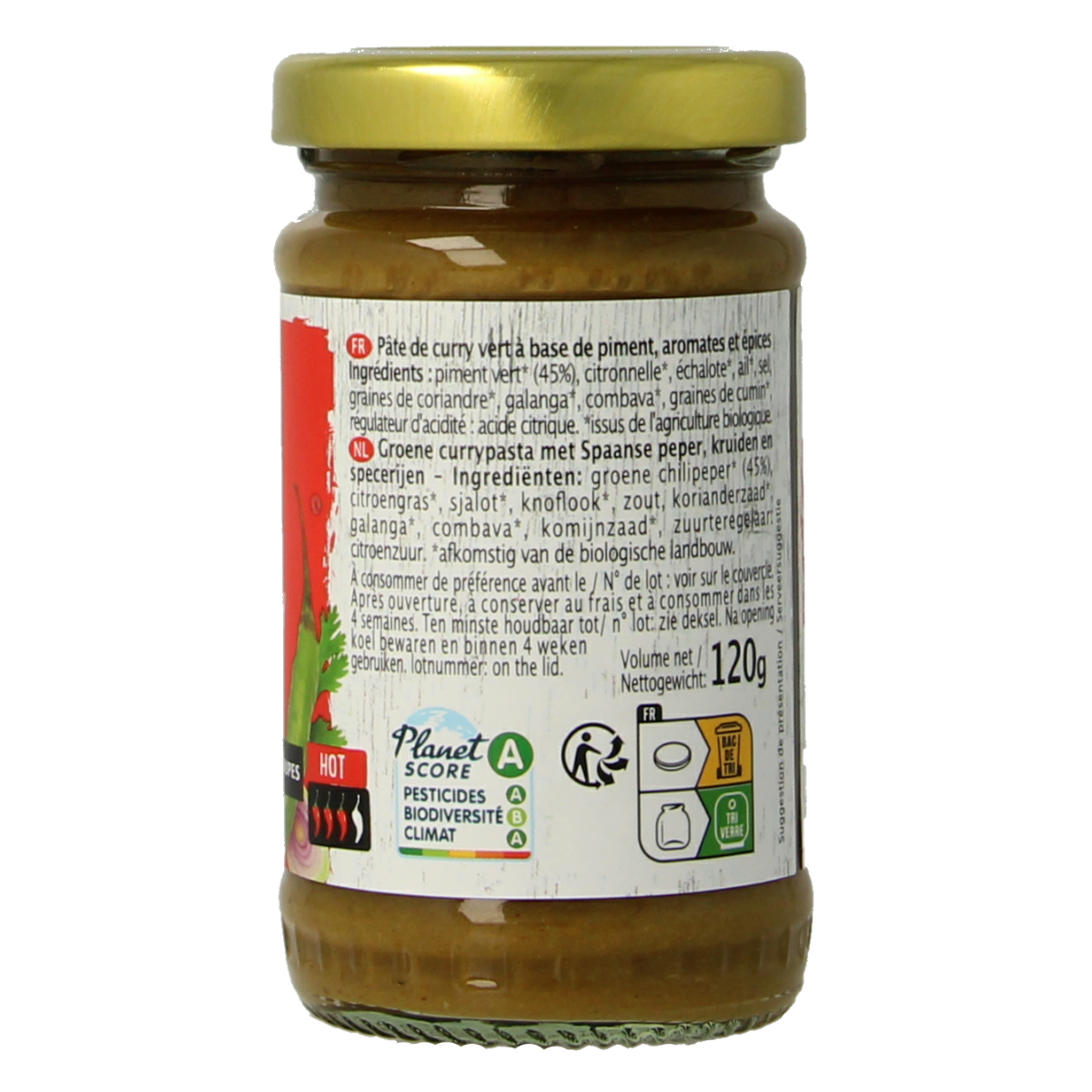 Primeal organic green curry pasta in 120g package, showcasing the vibrant green color and pasta shape on the packaging.