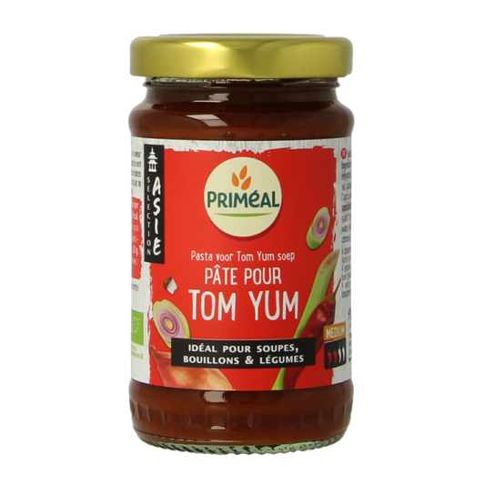 Primeal Tom Yum pasta en Rijst, organic 120g, with vibrant Thai-style ingredients and fresh rice pasta noodles.
