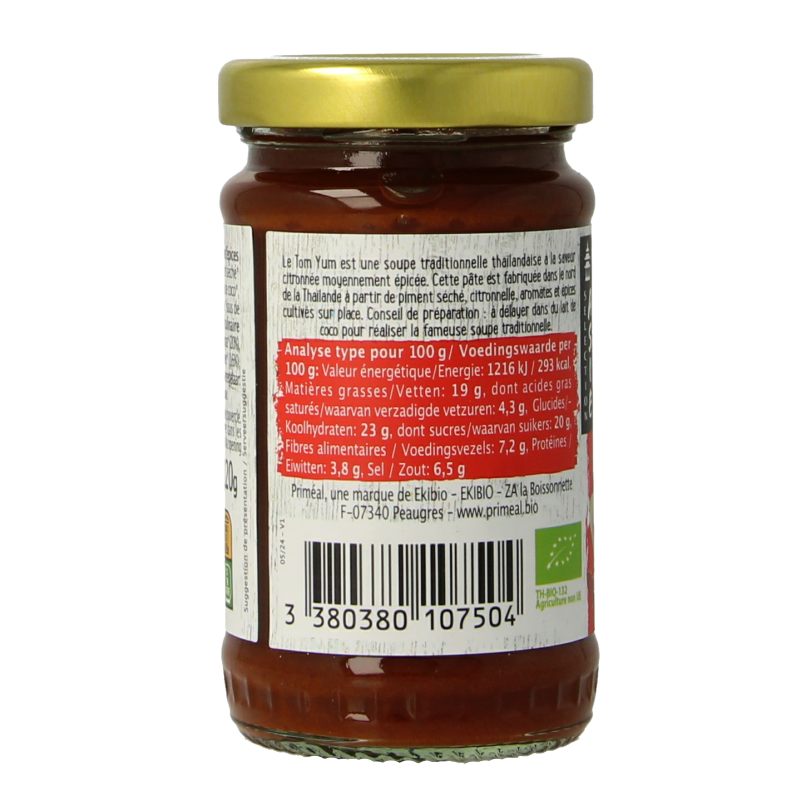 Primeal Tom Yum rice pasta in 120g package, showcasing the bio pasta with vibrant Tom Yum flavor and fresh ingredients.