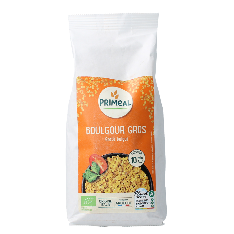 Primeal organic bulgur grof package, 500g, showing a clear view of the pasta and rice product in a natural setting.