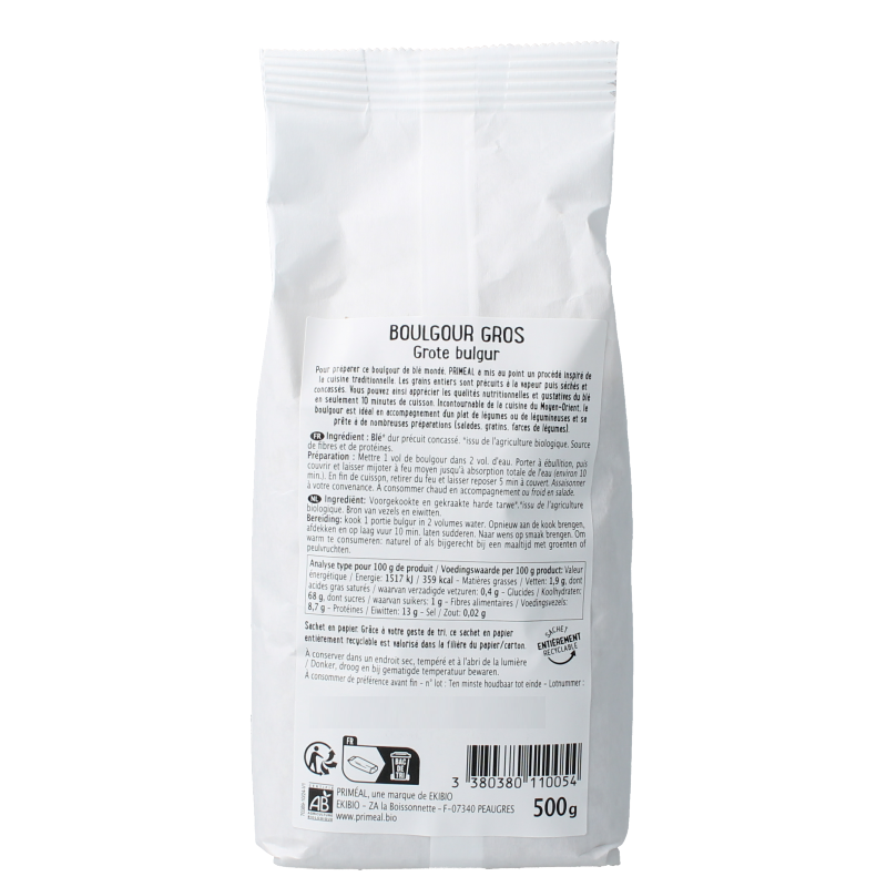 Primeal organic bulgur grof in 500g package, a natural whole grain pasta and rice alternative.