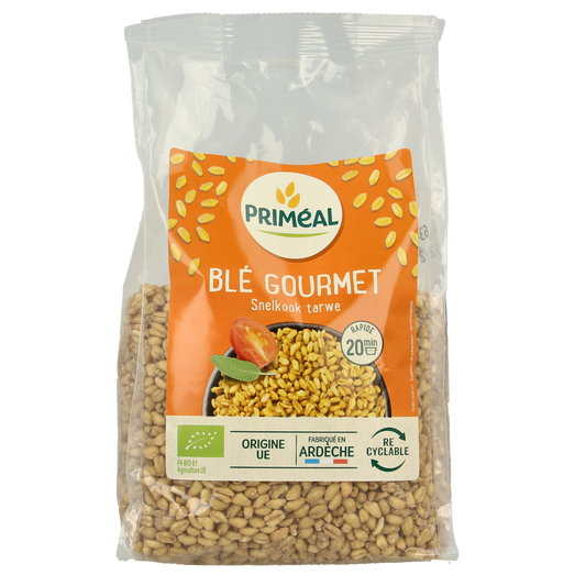 Primeal bio snelkokende tarwe ontbijtgranen in een 500g verpakking, geschikt voor gastronomisch gebruik.