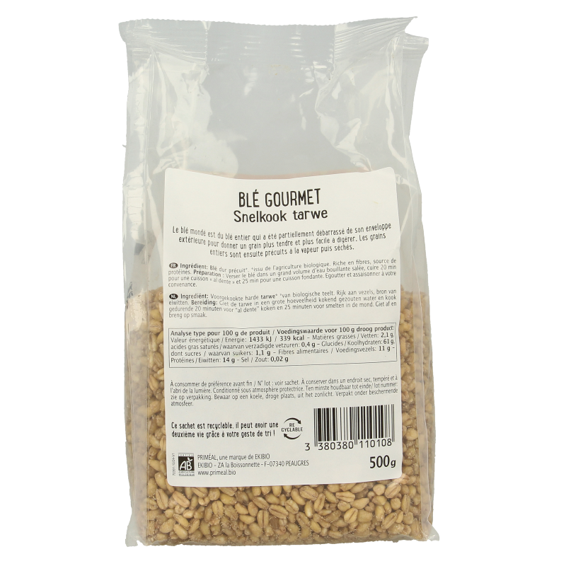 Primeal biologisch tarwe gastronomisch ontbijtgranen in 500g package, showcasing whole wheat grains on a white background.