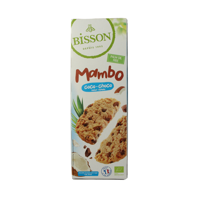 Bisson Coco Choco Mambo bio koeken box showing golden coconut and chocolate-flavored biscuits arranged in a row.