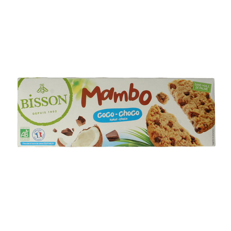 Bisson Coco Choco Mambo bio koeken, 175g, featuring chocolate and coconut flavor with a crispy biscuit texture.