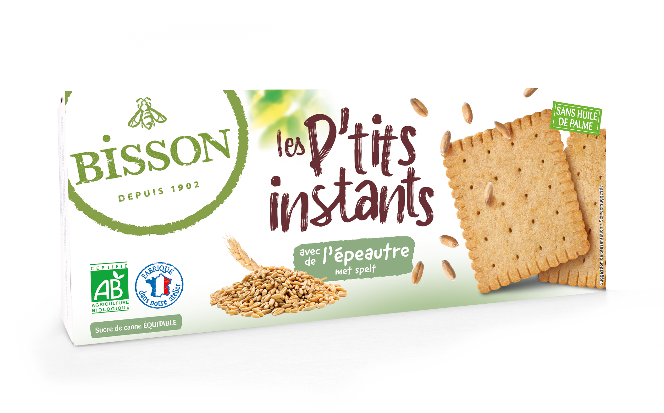 Bisson Les Petits Instants spelt bio cookies on a plate, showing golden-brown, round organic biscuits with spelt flour.