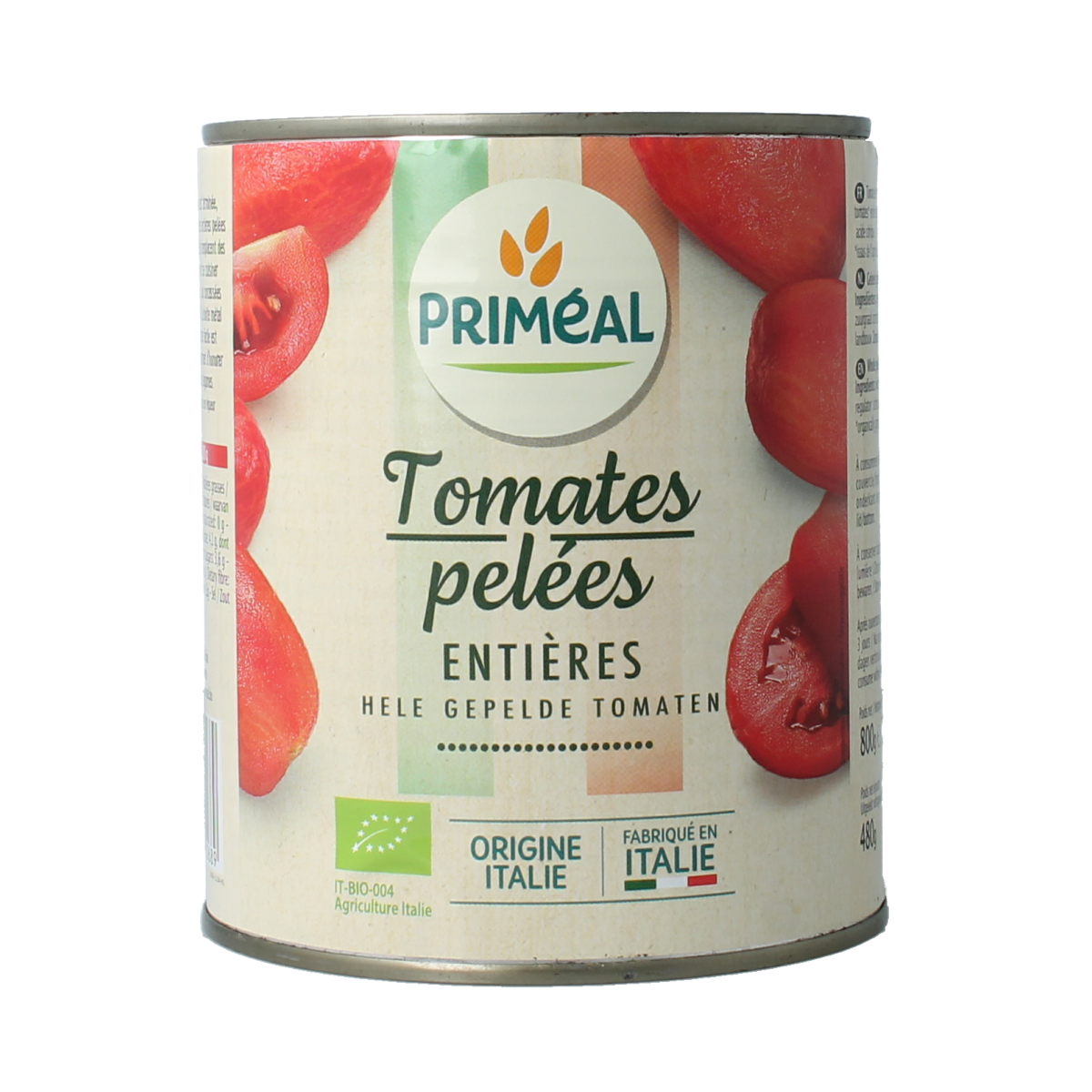 Primeal peeled organic tomatoes in 800g pack, fresh and ripe, ideal for cooking and salads.