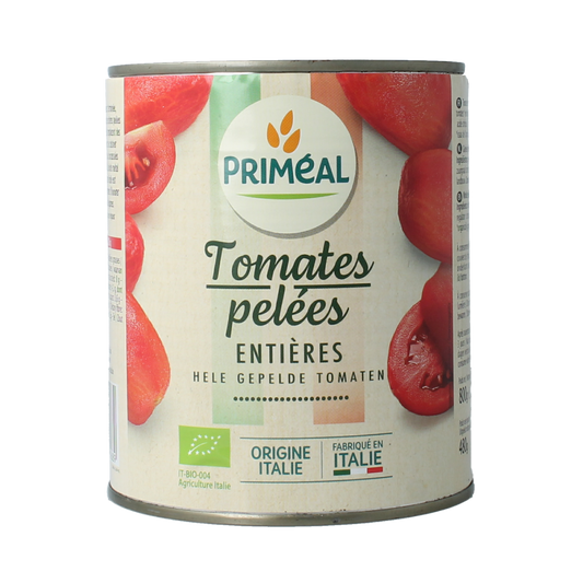 Primeal peeled organic tomatoes in 800g pack, fresh and ripe, ideal for cooking and salads.