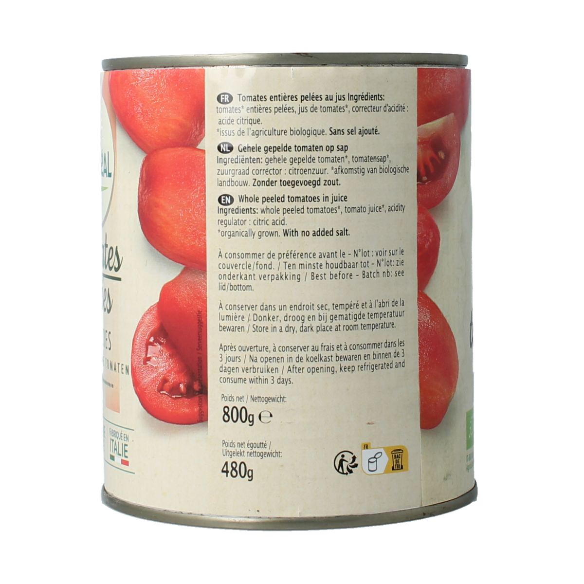 Primeal organic peeled tomatoes in 800g package, fresh and ready for cooking, part of vegetable and fruit selection.