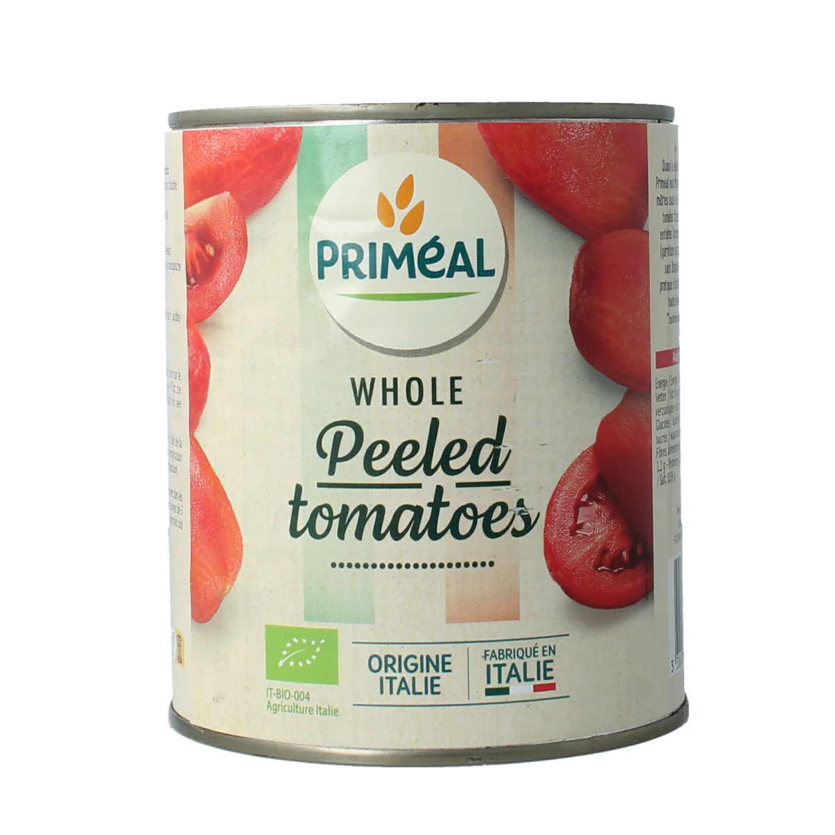 Primeal peeled organic tomatoes in 800g package, fresh and ready for cooking, displayed in a clear container.