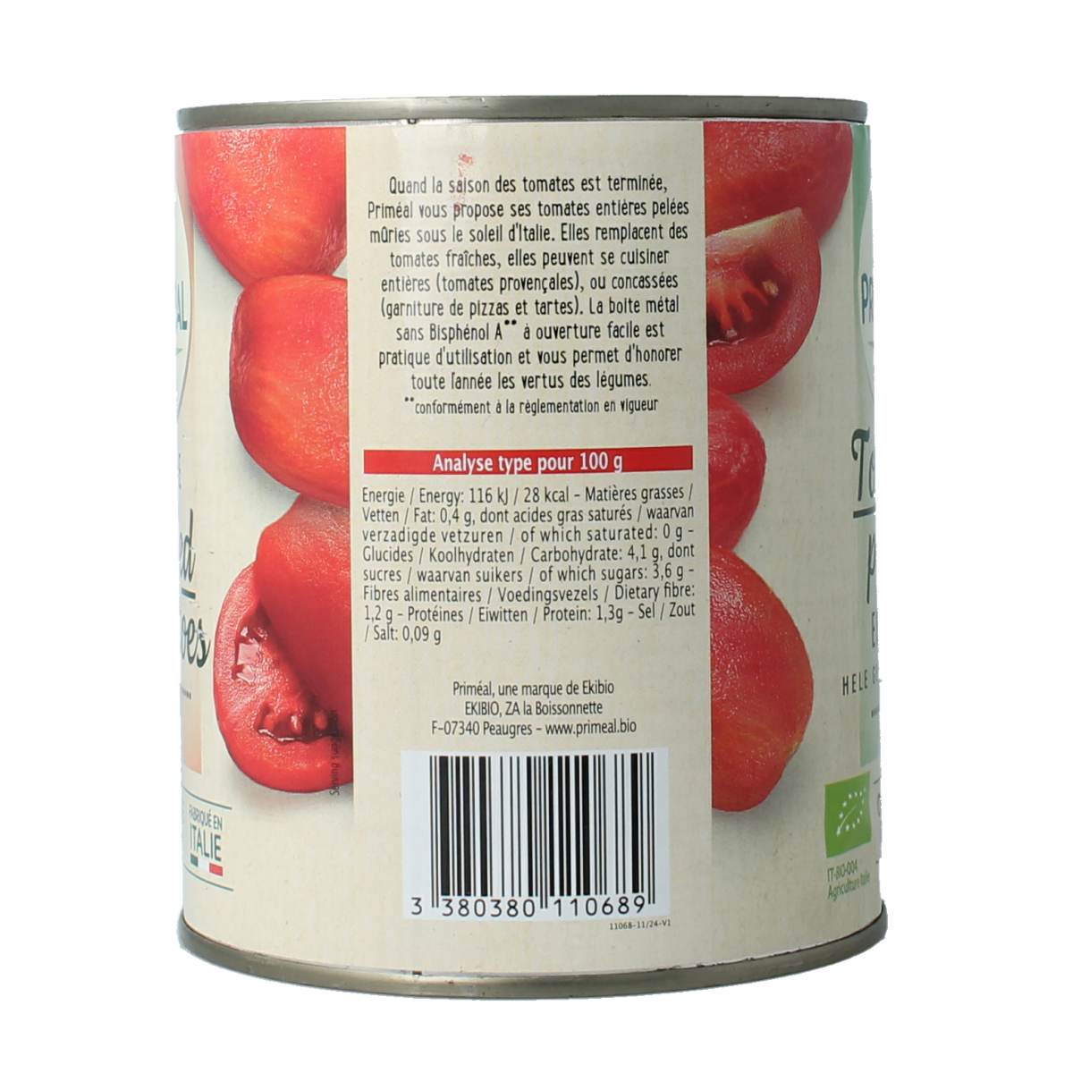 Canned peeled organic tomatoes by Primeal in an 800g can, ready for cooking or meal preparation.