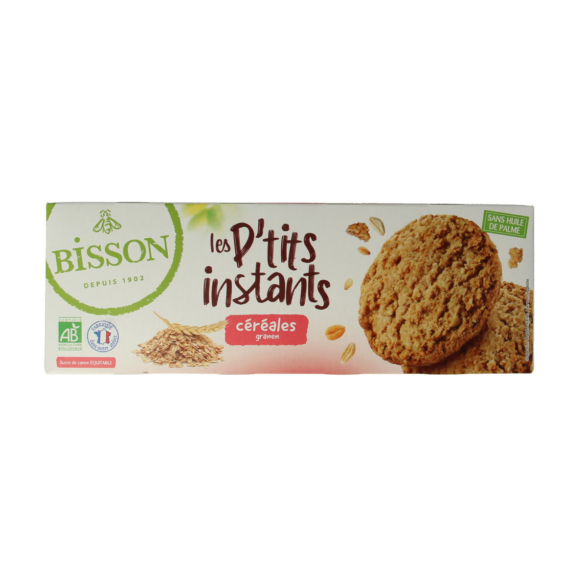 Bisson Les petits instants organic grain cookies, 150g, showing a close-up of the crunchy, golden brown koeken with grains