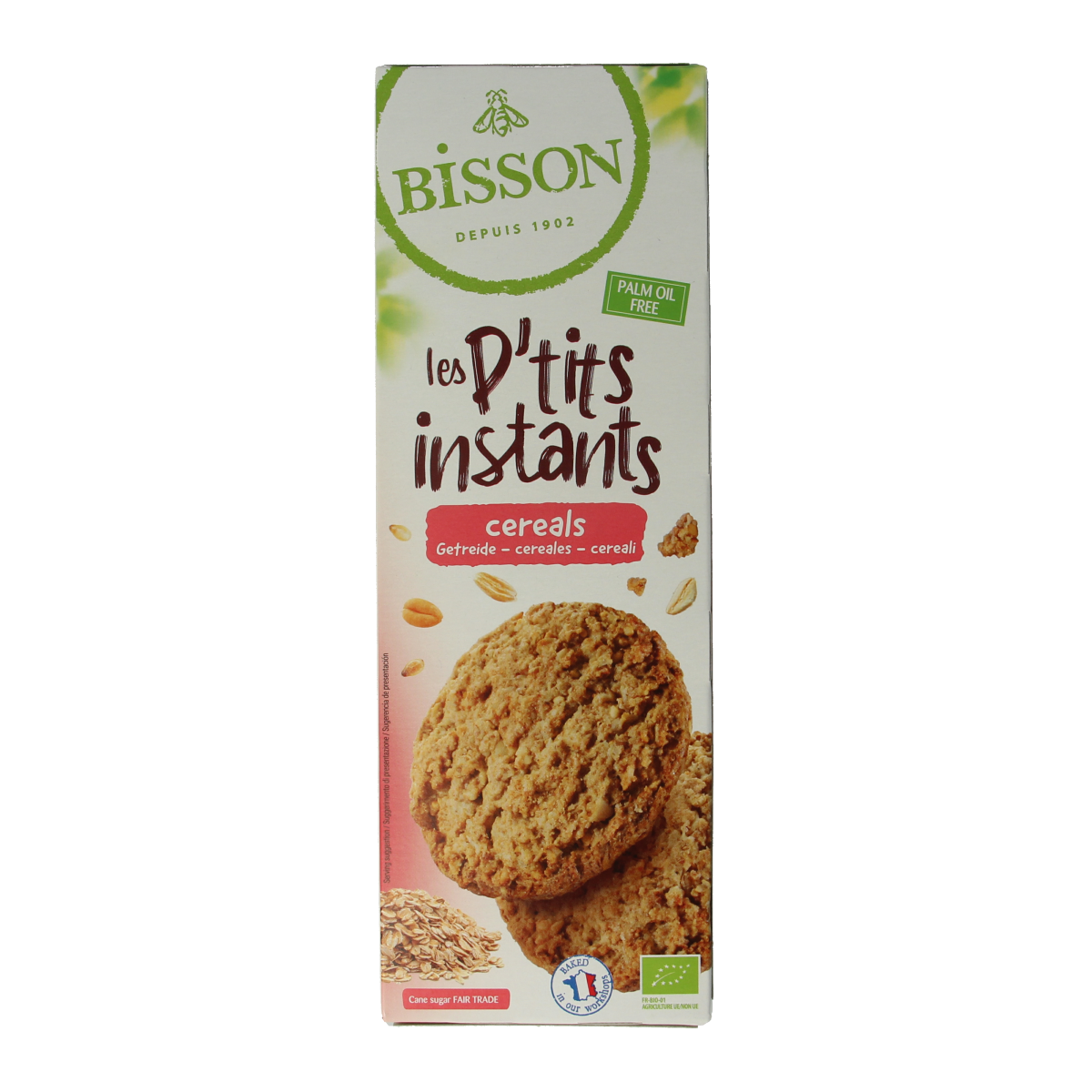 Bisson Les Petits Instants organic grain cookies in a 150g package, featuring golden baked koeken with grains and a crunchy texture.